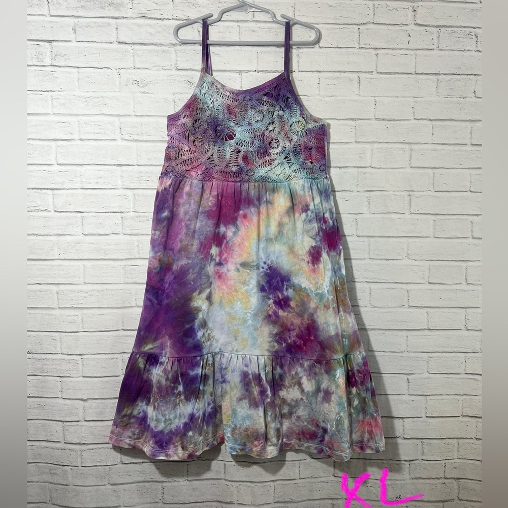 Colorful Ice Dye Tie Dye Dress, Handmade, Girls Size XL, Crochet Bodice
